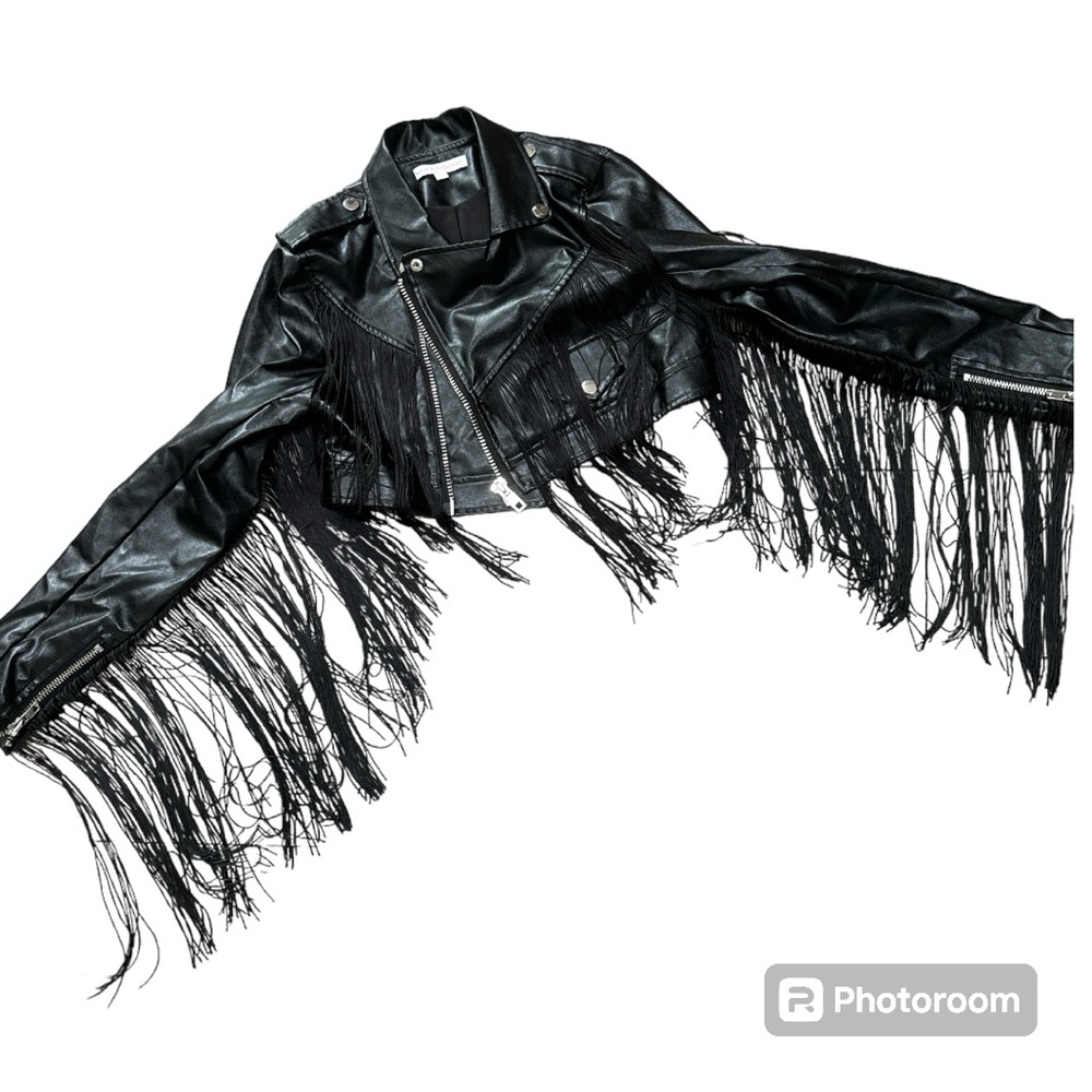 Crop faux leather jacket with tassels